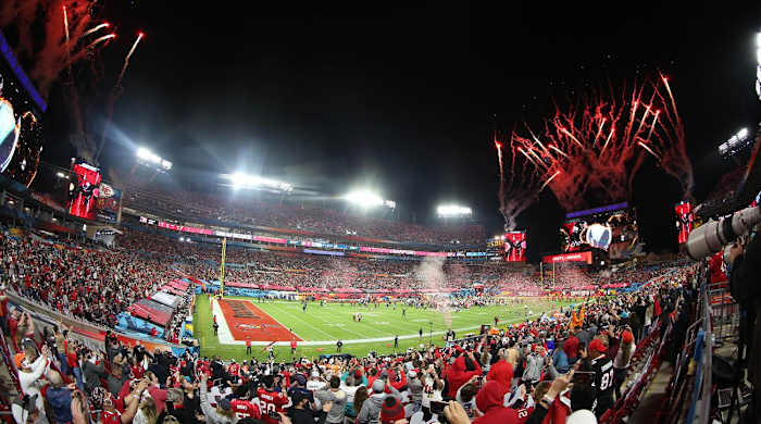 Feb 7, 2020; Tampa, FL, USA; An overall view of Raymond James Stadium during Super Bowl LV between the Kansas City Chiefs and the Tampa Bay Buccaneers.